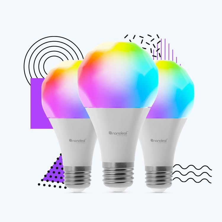 Three colorful smart light bulbs.