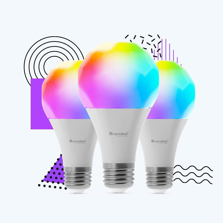 Three colorful smart light bulbs.