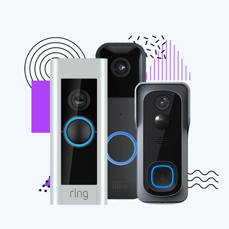 Three smart home doorbells with abstract designs.