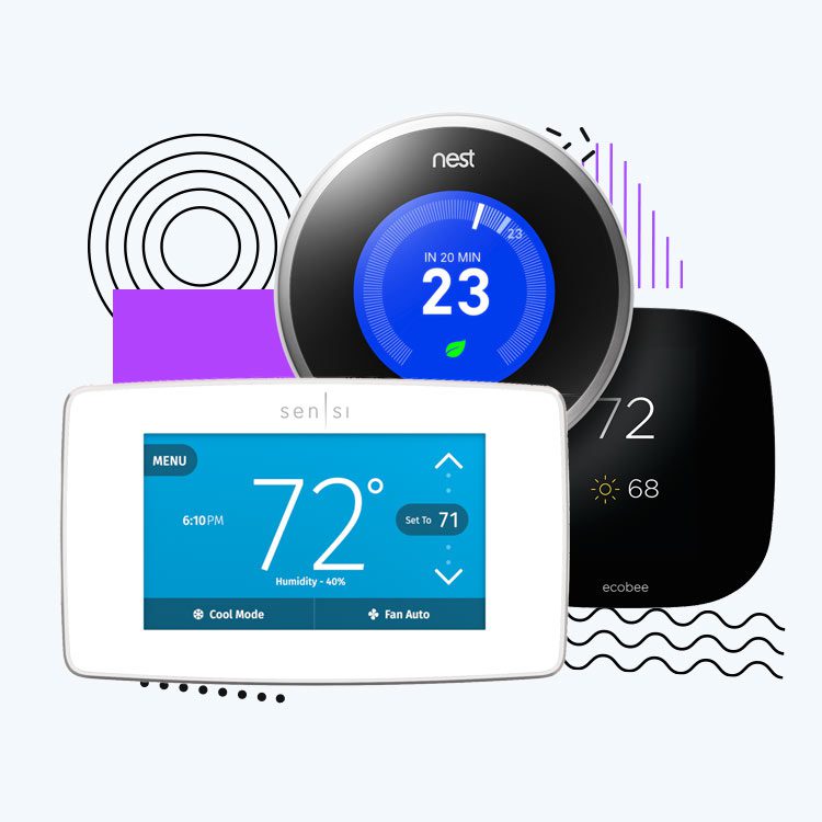 three different smart home thermostats with an abstract background.