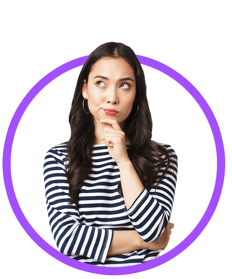 a woman in a black and white striped shirt making a perplexed face.